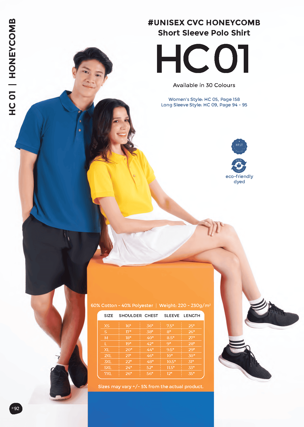 Two people wearing short-sleeve polo shirts with product details on a white background