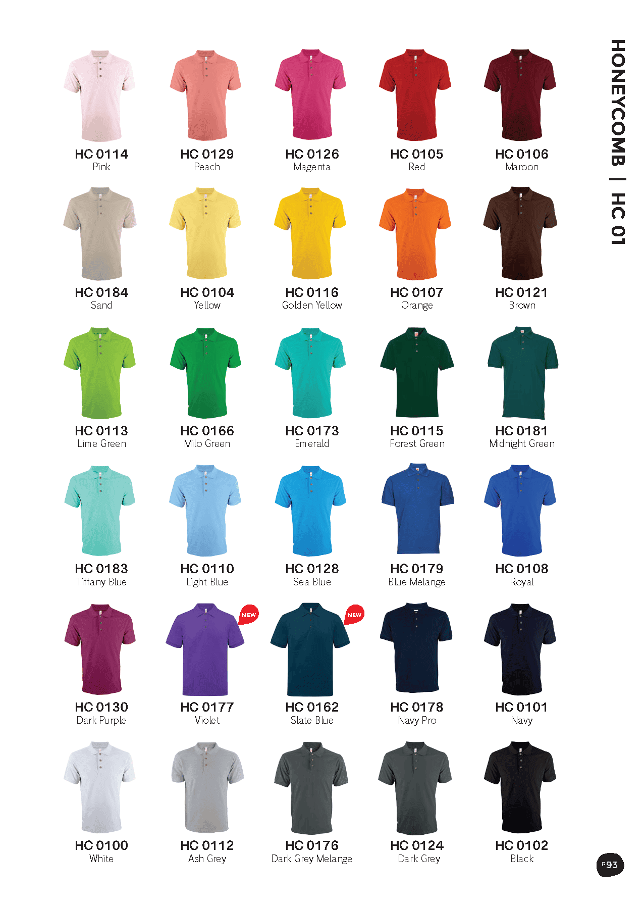 Color chart of various polo shirts in different colors with corresponding codes.