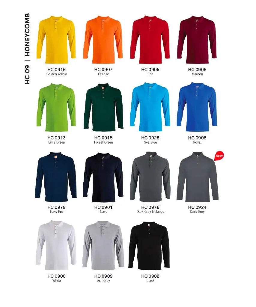 Basic Honeycomb Long Sleeve Cotton Polo T-Shirt 220gsm (HC09)
