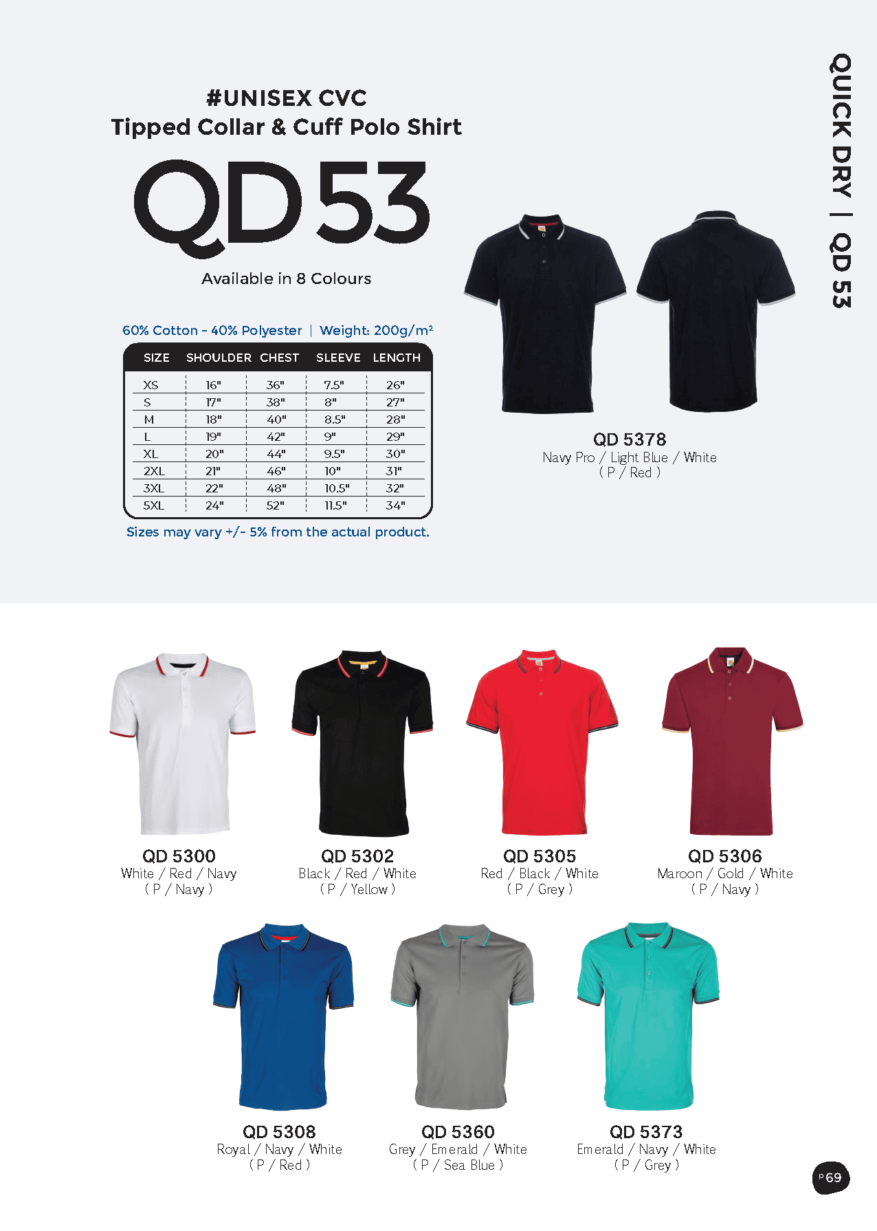 Dri-Fit CVC Tipped Collar & Cuff Polo T-Shirt 200gsm (QD53)